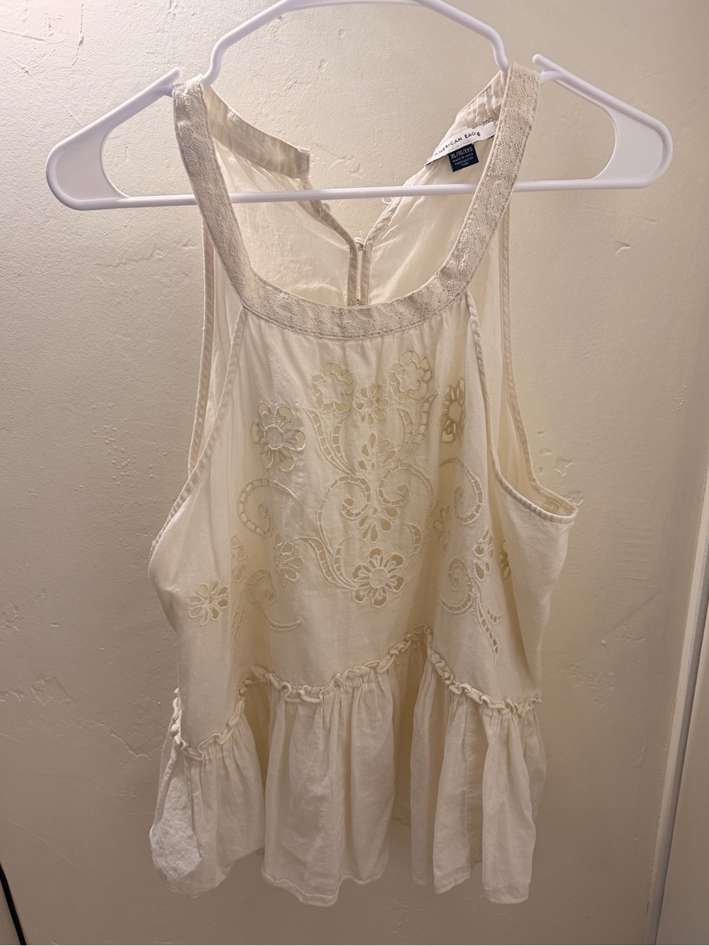American Eagle Outfitters Cream Floral Embroidered Ruffle-Hem Tank